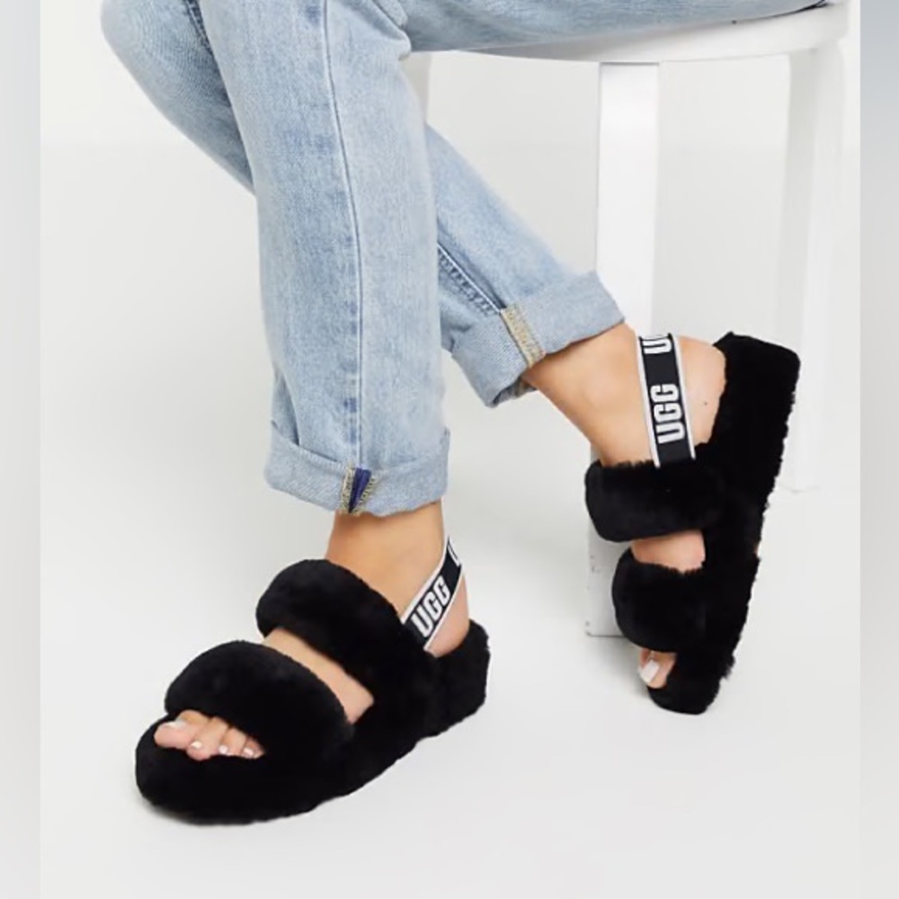UGG oh yeah black sheep fur Slingback open toe slipper sandal size 6